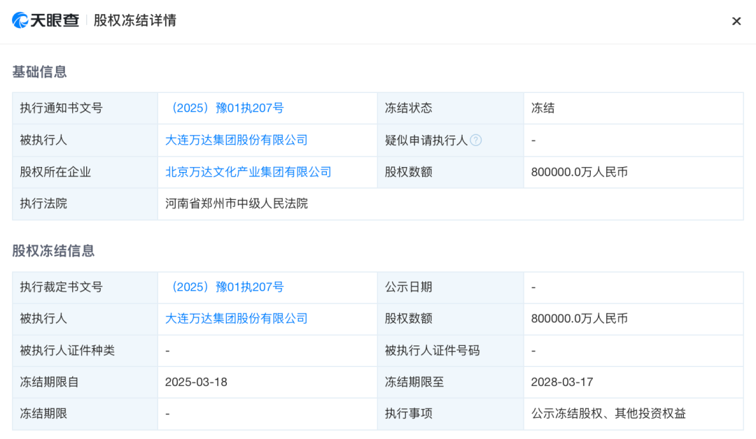 王健林突发！大连万达集团所持80亿元股权被冻住