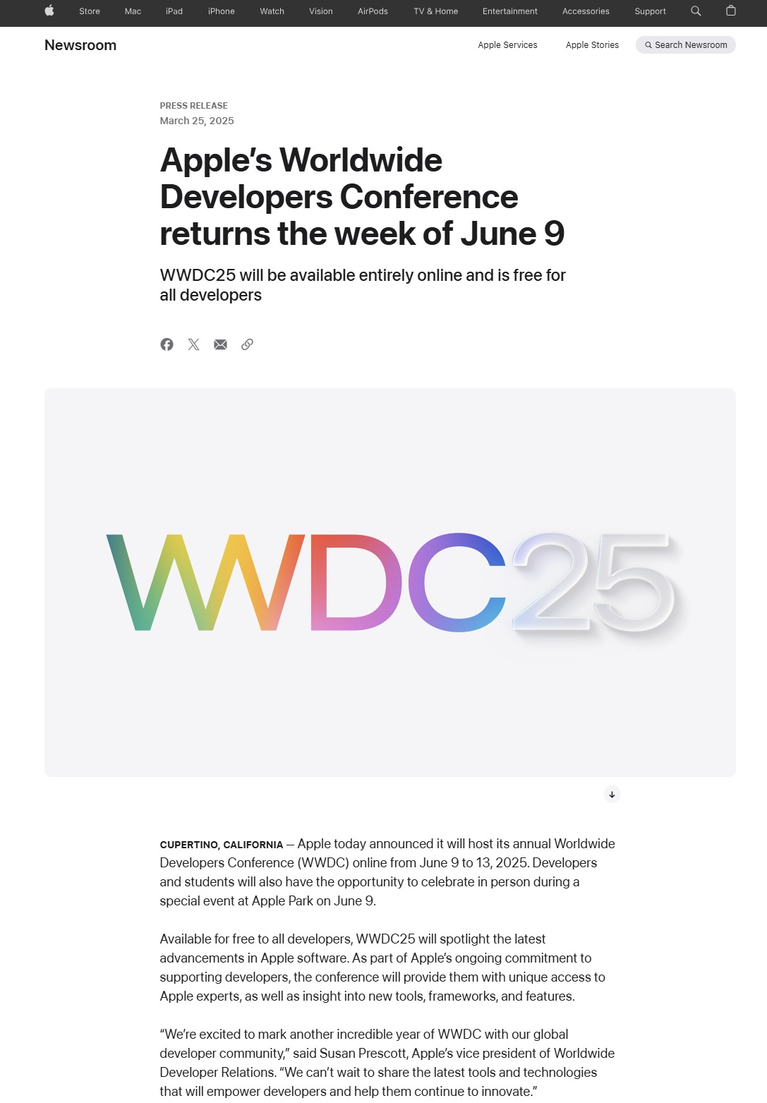 苹果官宣“WWDC25”：6月9日拉开帷幕 要点介绍软件最新进展