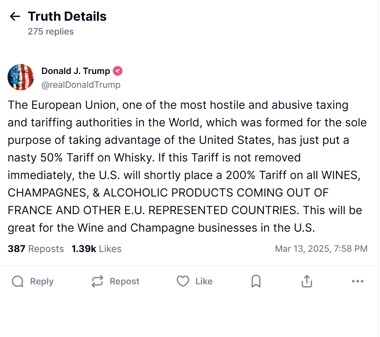 特朗普要挟对来自法国和其他欧盟国家的葡萄酒和香槟征收200%关税