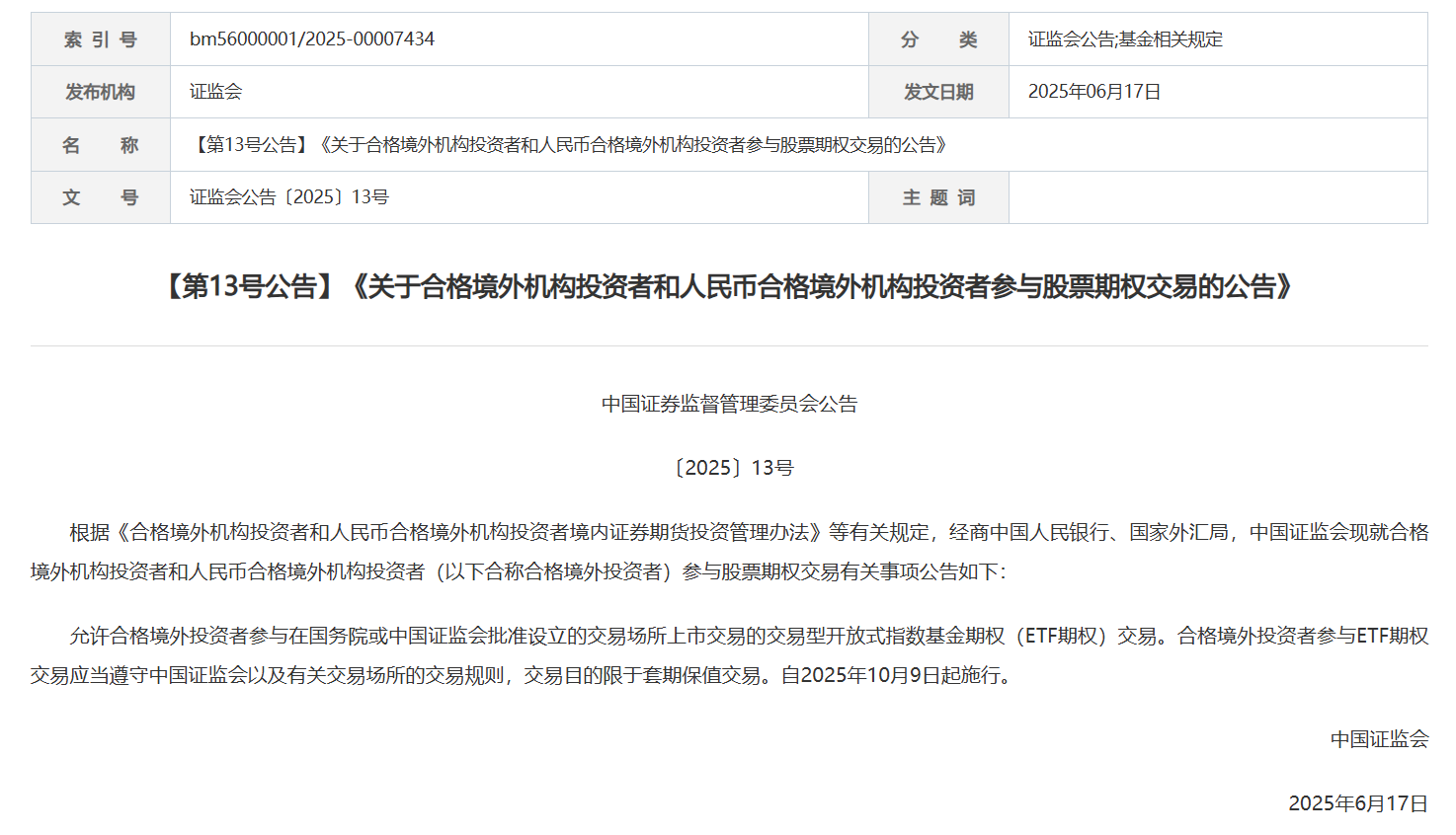 证监会：10月9日起答应合格境外投资者参加ETF期权买卖
